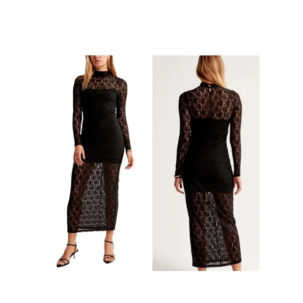 Abercrombie & Fitch Lace Black Bodycon Long Sleeve Maxi Dress Size Medium‎